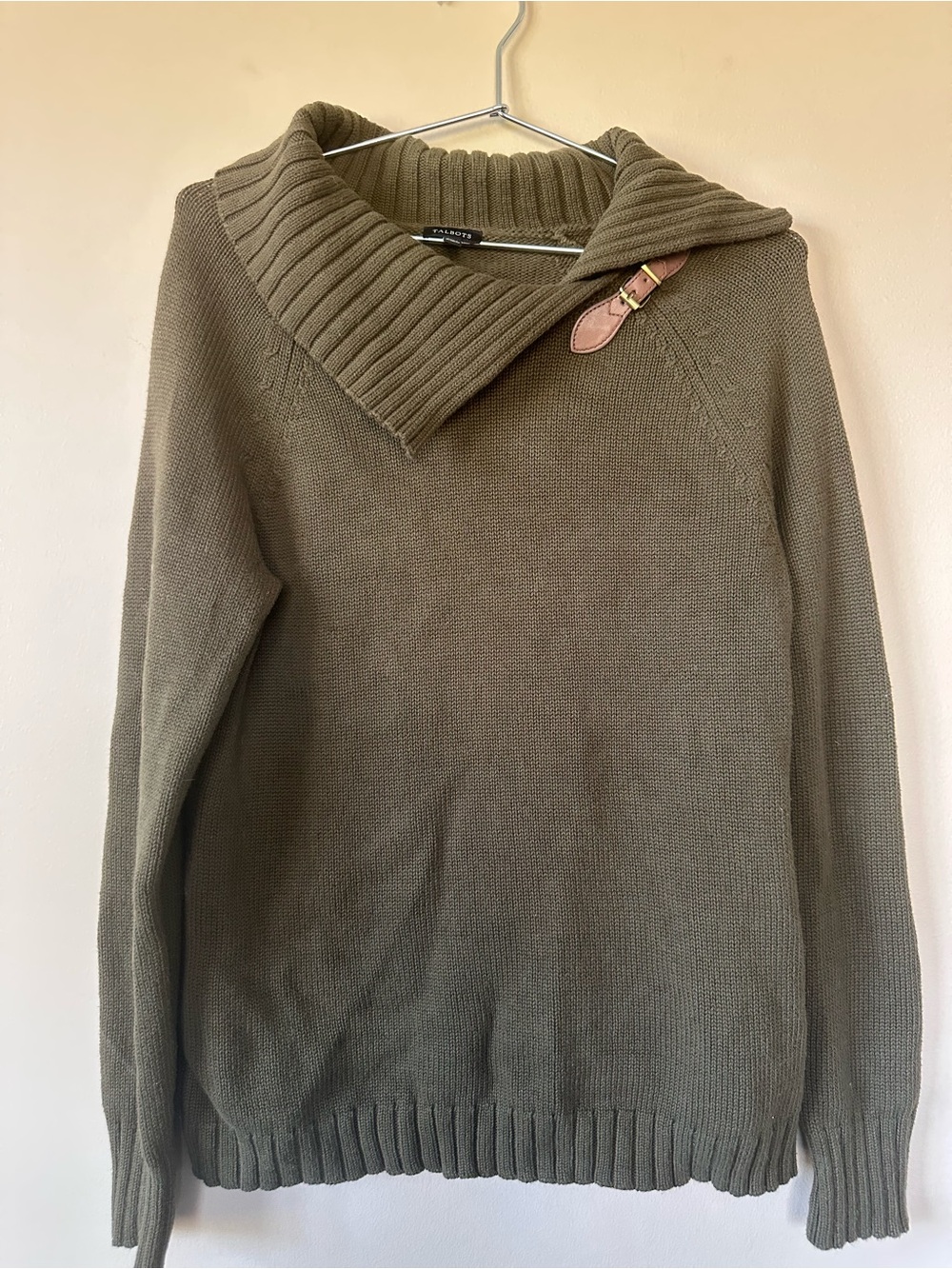 Talbots Olive Green Turtleneck Sweater with Brown Leather Buckle Detail